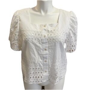 Calypso St. Barth White Cotton Eyelet Button-Up L Square Neck Coastal Beachy NWT